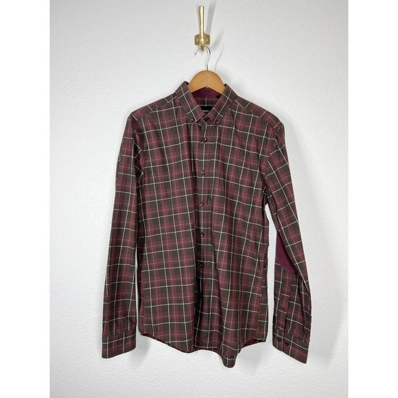 BOSS Hugo Boss Mens Plaid Button Down Shirt Large L Sven Elbow Corduroy Patch - Picture 1 of 6